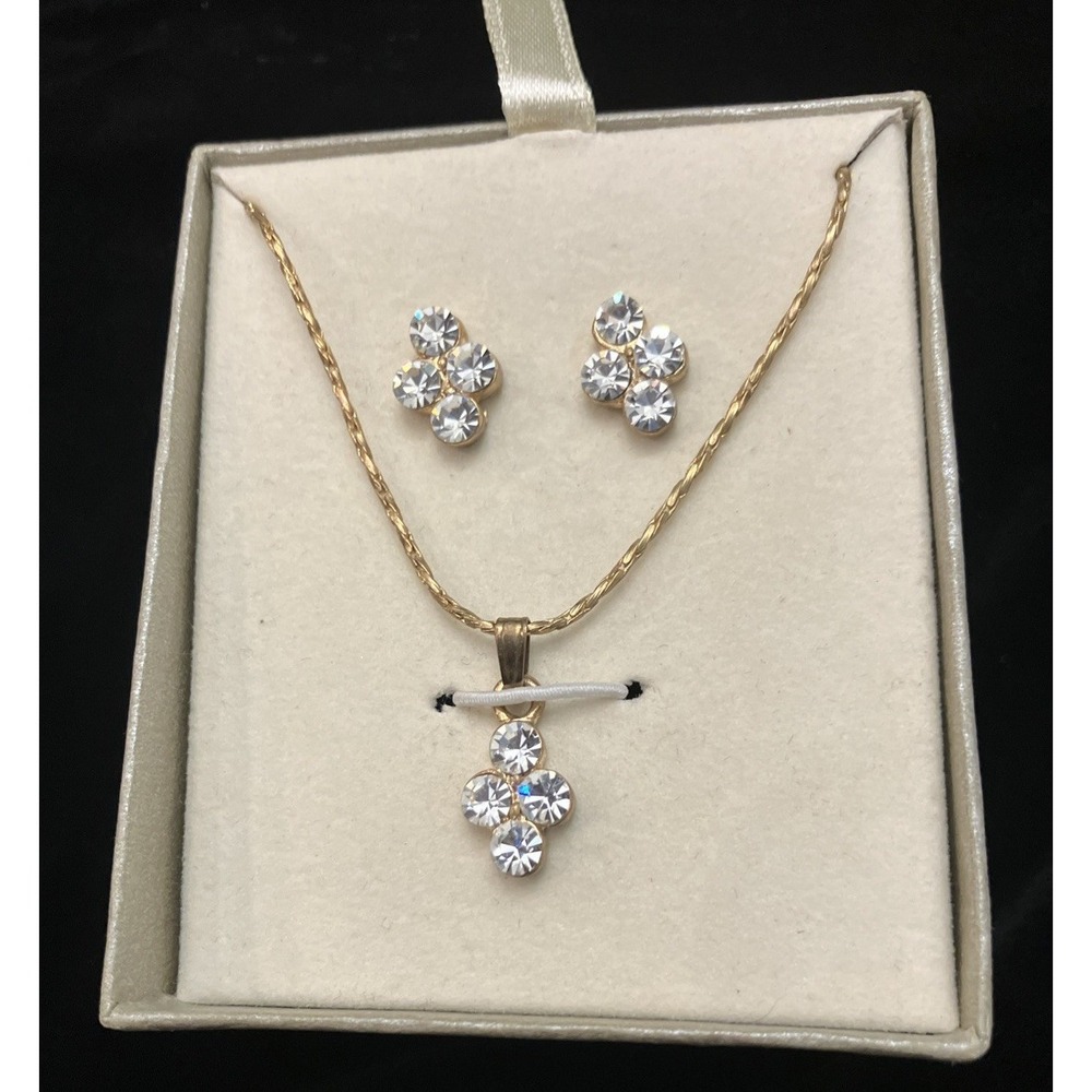 Gold Tone Crystal Rhinestone Pierced Earrings & Pendant Necklace Set New/Box VTG